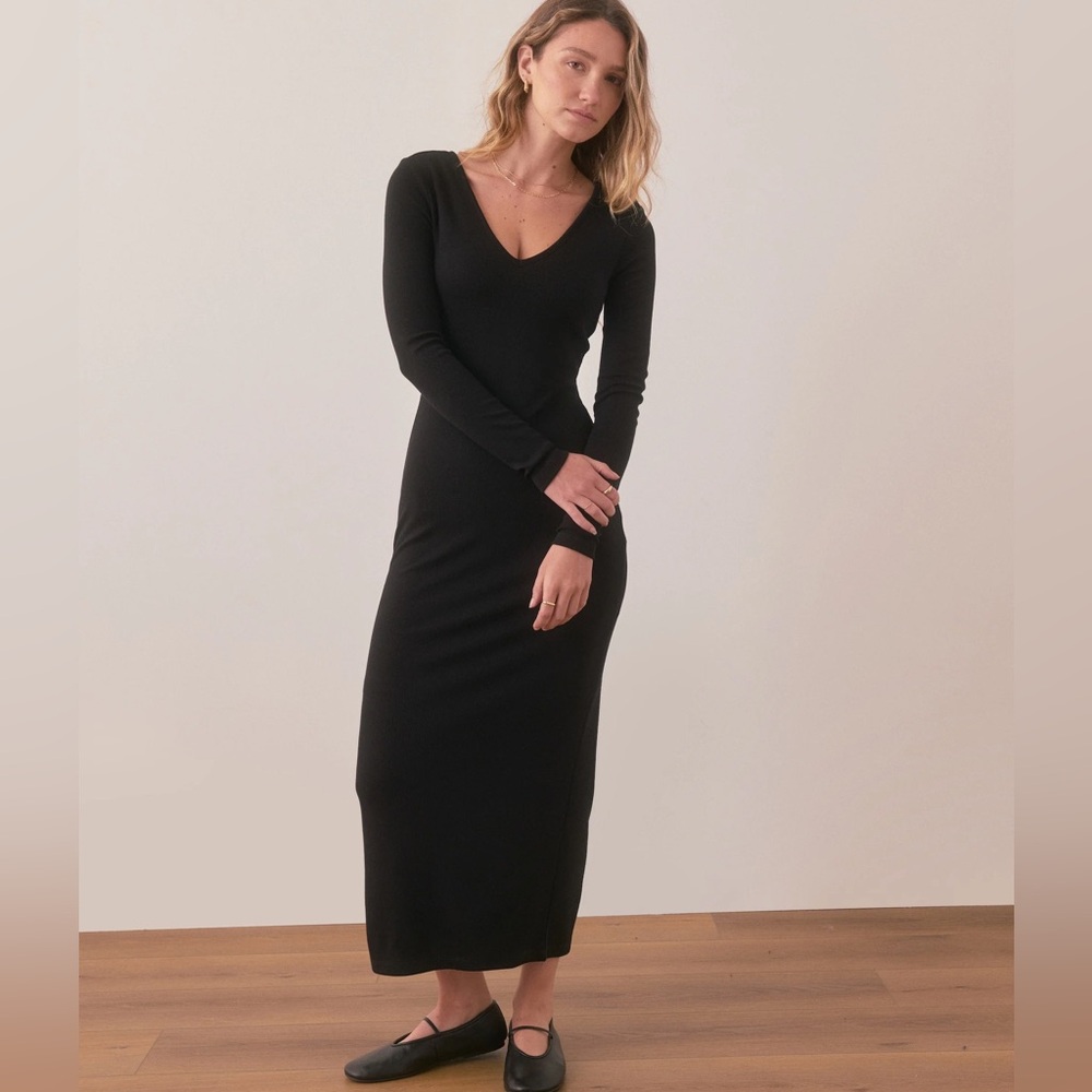 Marine Layer Lexi Rib V-Neck Black Tencel Maxi Dress Long Sleeve L